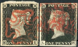 PLATE 1a HI with red MX cancellation, wide margins, light crease. ...
