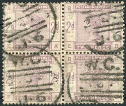 1883-84 LILAC & GREEN ISSUE: 2d lilac used block of four EA-FB. Well ...