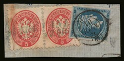 Austrian post office: Fragment with 5s. in pair cancelled line "CANEA ...