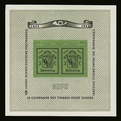 Switzerland: 1943 Swiss stamp centenary m/s, m. VF (Mi. Bl.10)