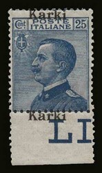 Italian occupation: 25c. "First islands" "KARKI" marginal with double ...