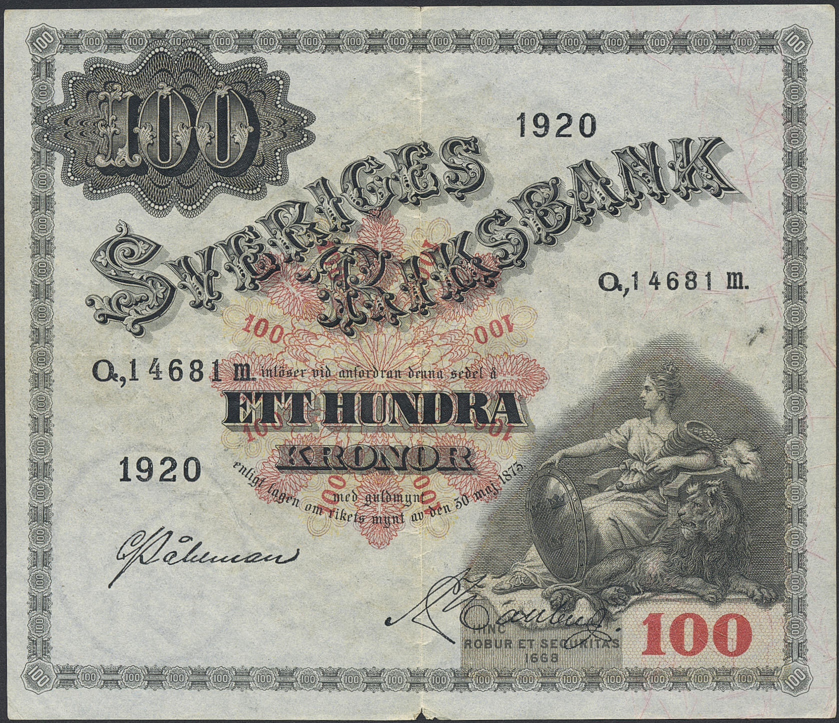 Sweden, SF 8:3 100 kronor 1920 minor tear at bottom of center fold ...