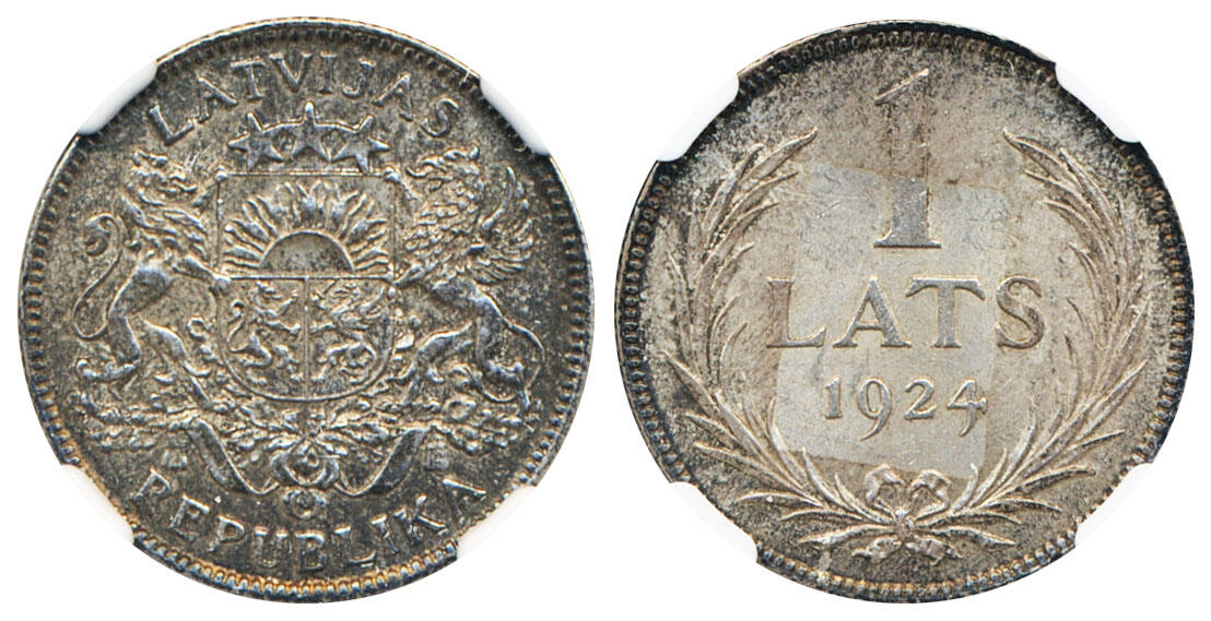 Latvia, KM 7 1 lats 1924 Beautifully toned. Graded by NGC as MS63