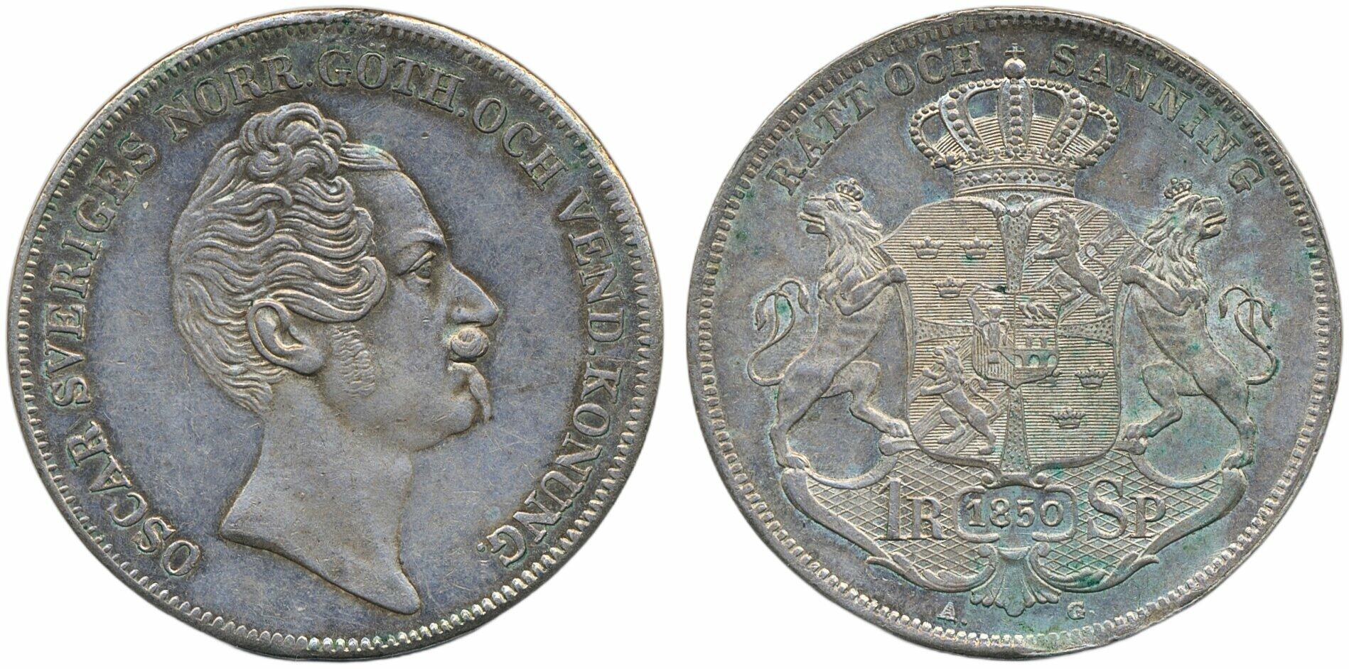 Sweden, Oskar I SM 30 1 riksdaler specie 1850 Verdigris. 01