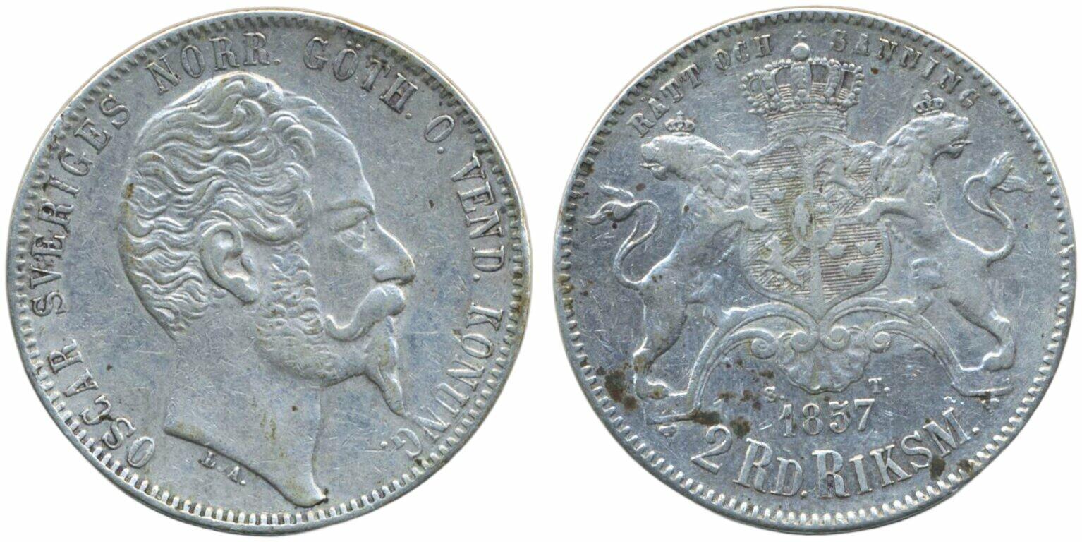 Sweden, Oskar I SM 59 2 riksdaler riksmynt 1857 1/1+