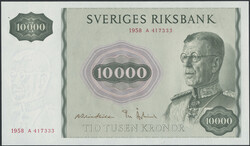 Sweden, SF 2:1 10000 kronor 1958 No: A 417333 01/0Automatisch ...