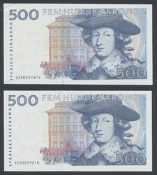 Sweden, SF 1:1 500 kronor 1985 Two banknotes, No: 5230275210 and ...