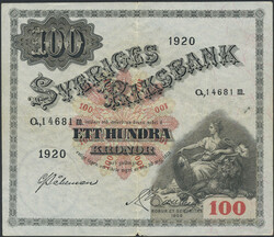 Sweden, SF 8:3 100 kronor 1920 minor tear at bottom of center fold ...