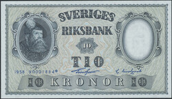 Sweden, SF 7:9 10 kronor 1958 Replacement. Not folded