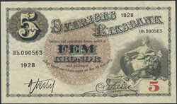 Sweden, SF 7:11 5 kronor 1928 Not folded, handling marks