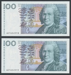 Sweden, SF 15:1 100 kronor 1996 Five banknotes in sequence, No: ...