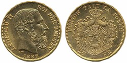 Belgium, Leopold II KM 37 20 francs 1882 6.45 g. XF Circulation: ...