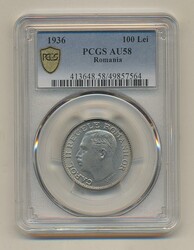 Romania, KM 54 100 lei 1936 Graded by PCGS as AU58