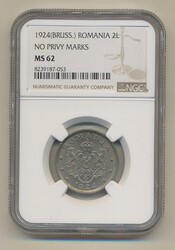 Romania, KM 47 2 lei 1924 Graded by NGC as MS62. Brussels mint, no ...