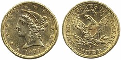 U.S.A., KM 101 5 dollars 1903 S 8.36 g. VF