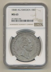 Sweden, Oskar I SM 29 1 riksdaler specie 1848 Graded by NGC as ...