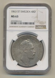 Sweden, Karl XV SM 16 4 riksdaler riksmynt 1863 Attractive example ...