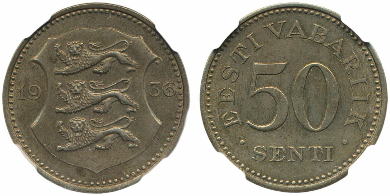 Estonia, KM 18 50 senti 1936 Graded by NGC as AU55. XF