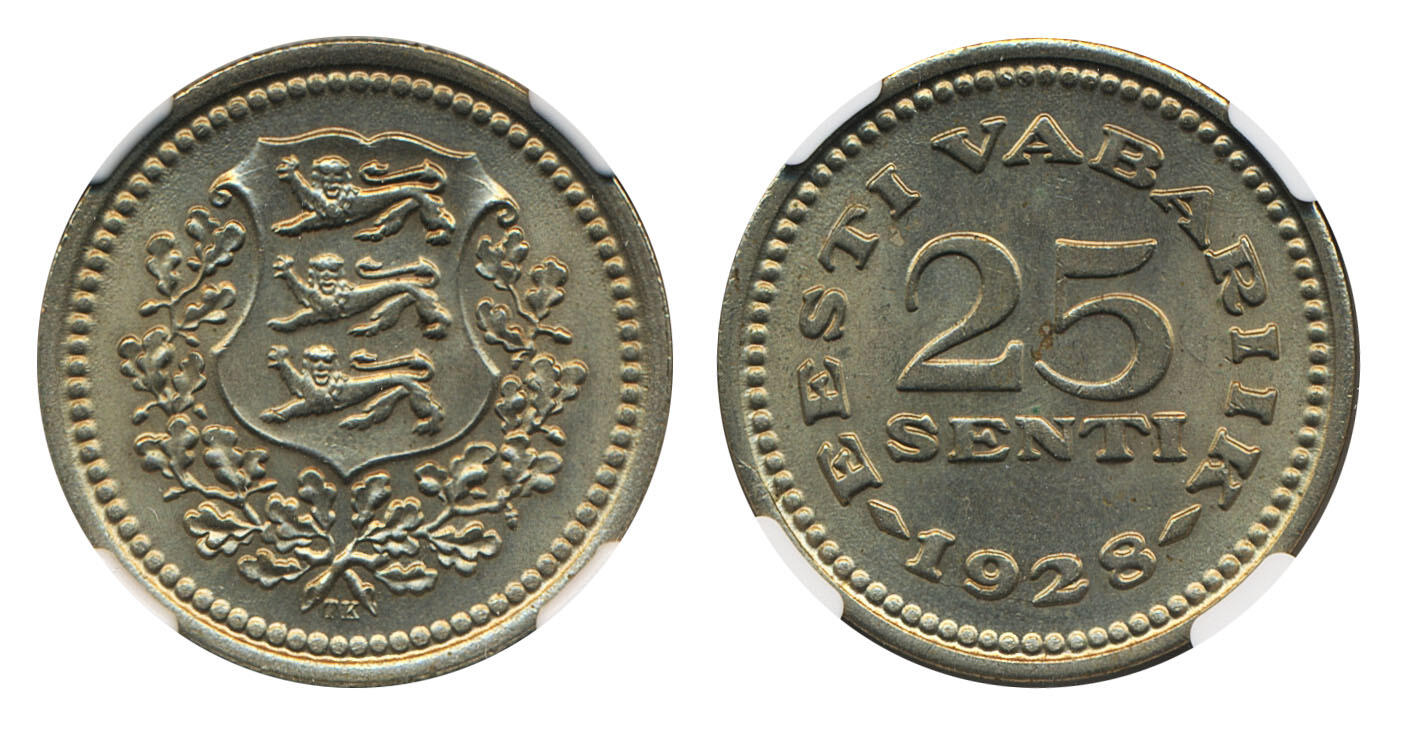 Estonia, KM 9 25 senti 1928 Graded by NGC as MS64. XF-UNCAutomatisch ...