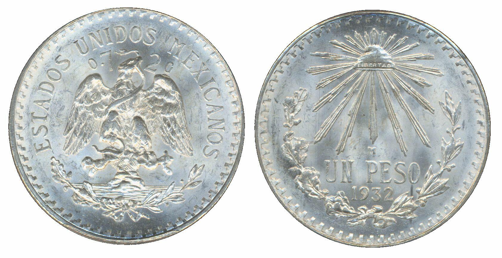 Mexico, KM 455 1 peso 1932 Closed 9. Graded by PCGS as MS66. ...