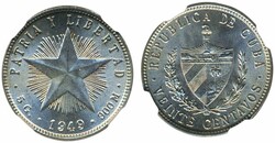 Cuba, KM 13.2 20 centavos 1949 Graded by NGC as MS65. UNC