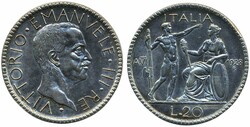 Italy, Victor Emmanuel III KM 69 20 lire 1928 14.97 g. silver XF
