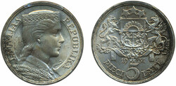 Latvia, KM 9 5 lati 1931 Graded by PCGS as MS64. Scarce in this ...