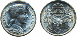 Latvia, KM 9 5 lati 1931 Graded by PCGS as MS61. XF-UNCAutomatisch ...