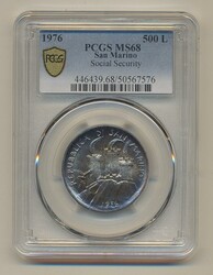 San Marino, KM 59 500 lire 1976 Graded by PCGS as MS68. Tied finest ...