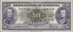 Venezuela, Pick 31b 10 bolivares 31.7.1952 G267630. Fresh crisp note. ...