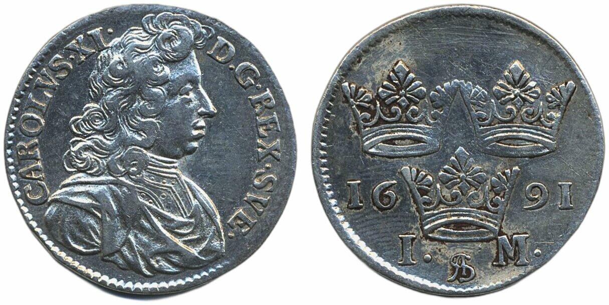 Sweden, Karl XI SM 182 1 mark 1691 Stockholm. Cleaned, reverse faint ...