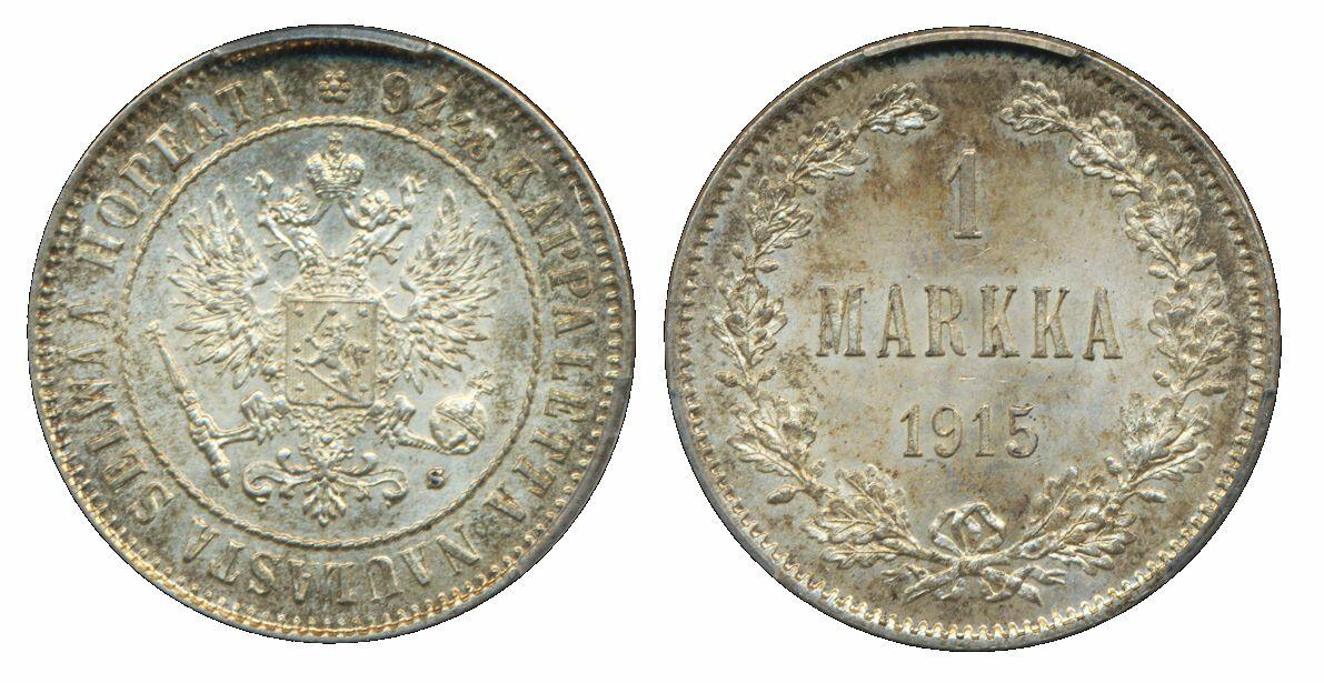 Finland, Nicholas II KM 3.2 1 markka 1915 Graded by PCGS as MS64. ...