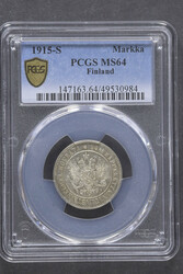 Finland, Nicholas II KM 3.2 1 markka 1915 Graded by PCGS as MS64. ...