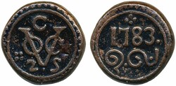 Ceylon, KM 30 2 stuivers 1783 14.41 g. Light corrosion, but good for ...