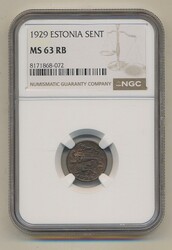 Estonia, KM 10 1 sent 1929 Graded by NGC as MS63 RB. XF-UNC