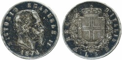 Italy, KM 8.3 5 lire 1874 Dark patina. VF-XF