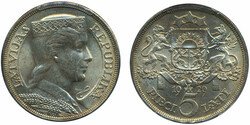 Latvia, KM 9 5 lati 1929 Graded by PCGS as MS62. XF-UNC