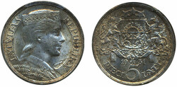 Latvia, KM 9 5 lati 1931 Graded by PCGS as MS61. XF-UNC