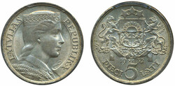 Latvia, KM 9 5 lati 1932 Graded by PCGS as MS63. XF-UNC