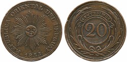 Uruguay, KM 7 20 centesimos 1855 VF