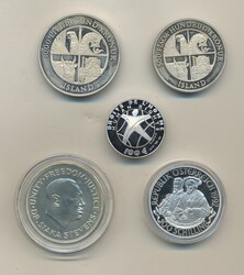 ALL WORLD, One box with five silver coins in boxes, 1974–1992 UNC