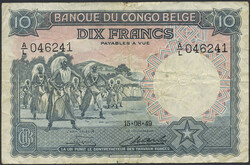 Belgian Congo, Pick 14E 10 francs 15.08.49 A/L 046241. Minor foxing. ...