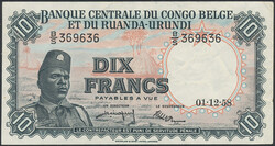 Belgian Congo, Pick 30b 10 francs 01.12.58 B/S 369636. Fresh example. ...