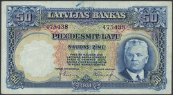 Latvia, Pick 20a 50 latu 1934 475438. Small crayon mark in blue. VF