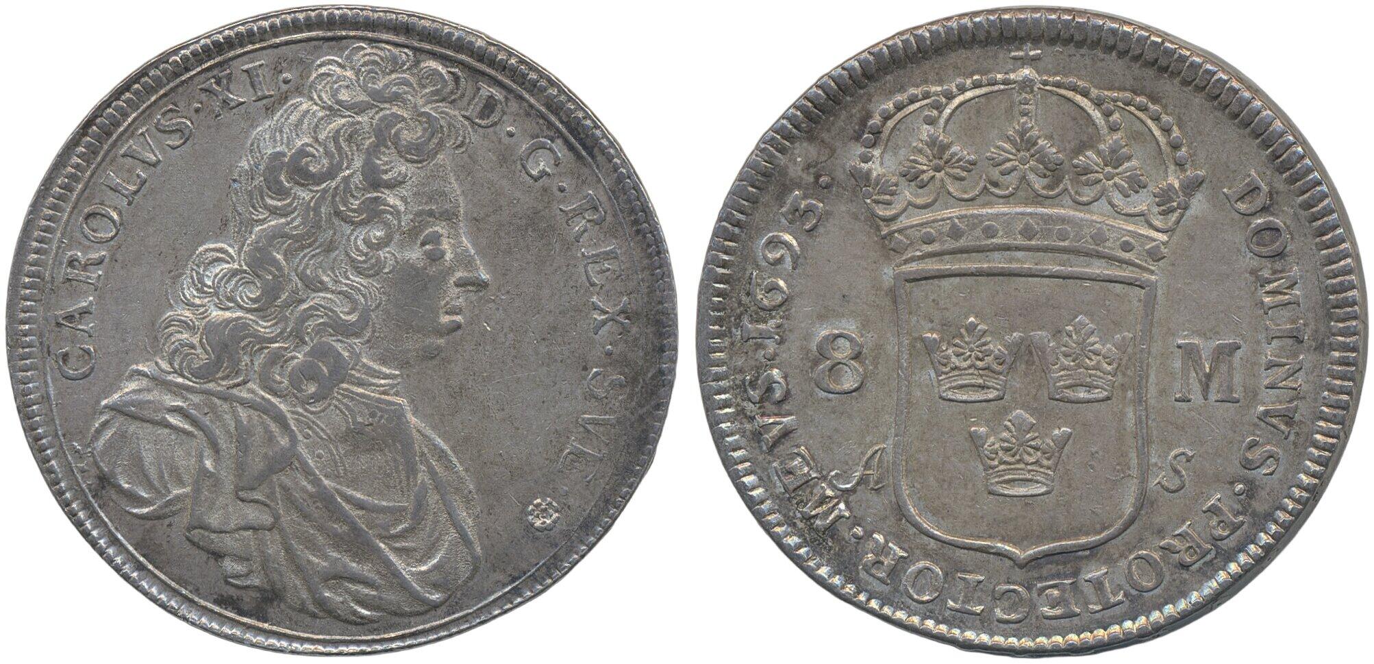 Sweden, Karl XI SM 65 8 mark 1693 31.35 g. Stockholm. Beautiful ...