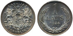 Latvia, KM 7 1 lats 1924 Graded by PCGS as MS63. XF-UNC