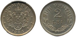 Romania, KM 47 2 lei 1924 Graded by PCGS as MS64. XF-UNC