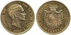 Spain, Alfonso XII KM 673 25 pesetas 1877 8.06 g VF-XF