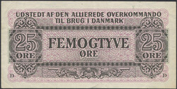 Denmark, Pick 1 25 øre 1945 Emergency banknote, D XF 1
