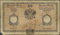 Finland, Pick 52 20 markkaa 1894 No 0109016. Minor corner missing and ...